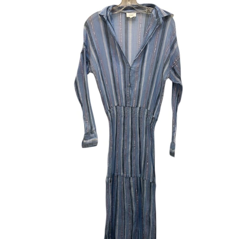 Leoni blue lavender stripe maxi textured cotton shirt dress 1 S